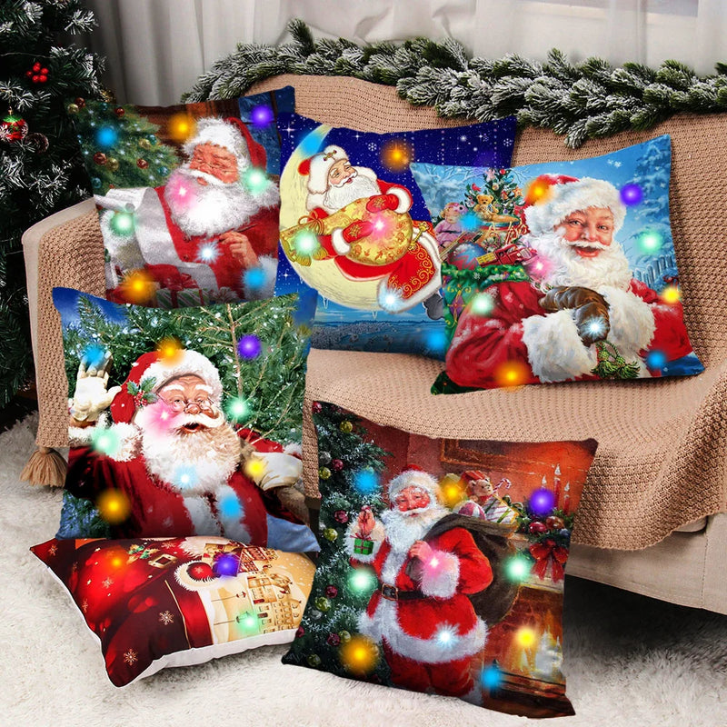 Axyaa LED Retro Santa Christmas Lights Pillowcase Home Decor 45x45