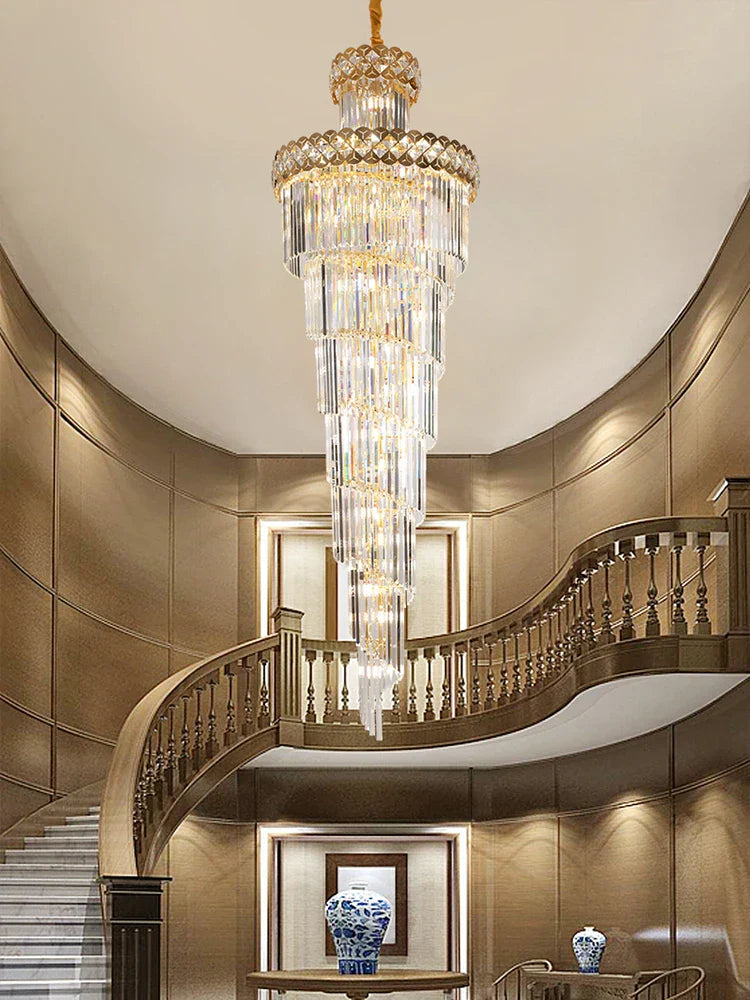 Axyaa Gold Stainless Steel Crystal Chandelier for Staircase in Long Villa