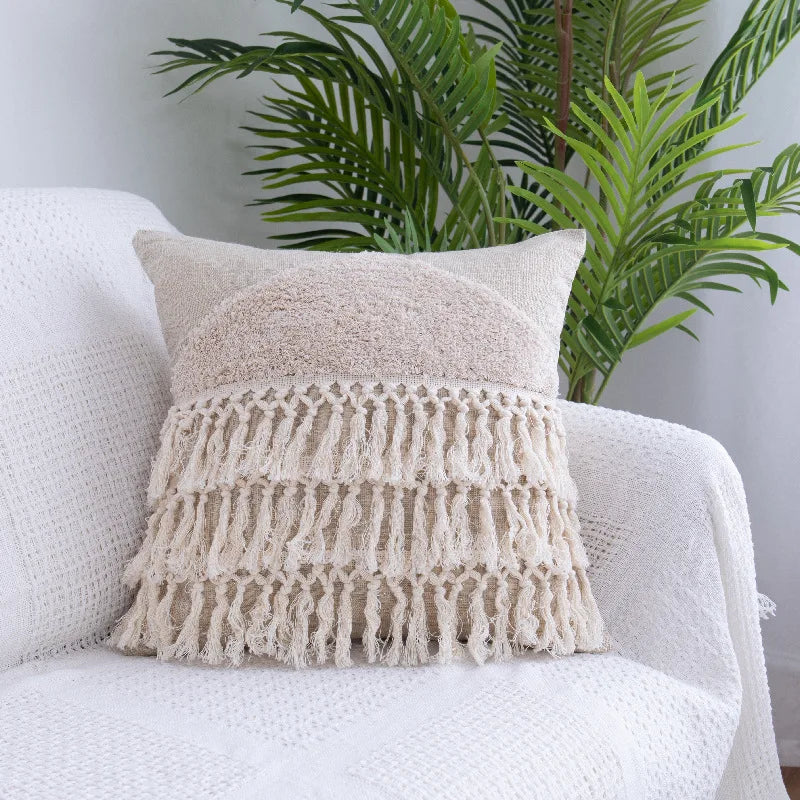 Axyaa Beige Tassels Pillow Case - Tufted Nordic Style Cushion Covers