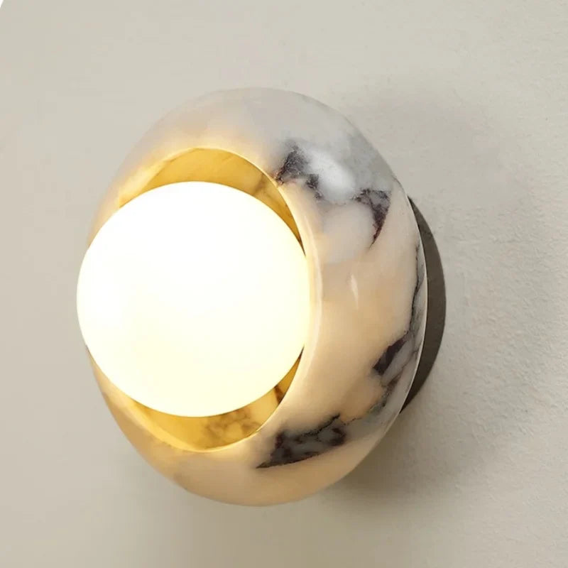 Axyaa Round Bulgari Stone LED Wall Lamp with Switch, White Glass Ball, Nordic Modern