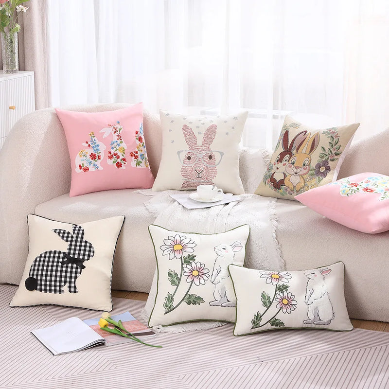 Axyaa Pink Floral White Floral Bunny Embroidered Cushion Cover