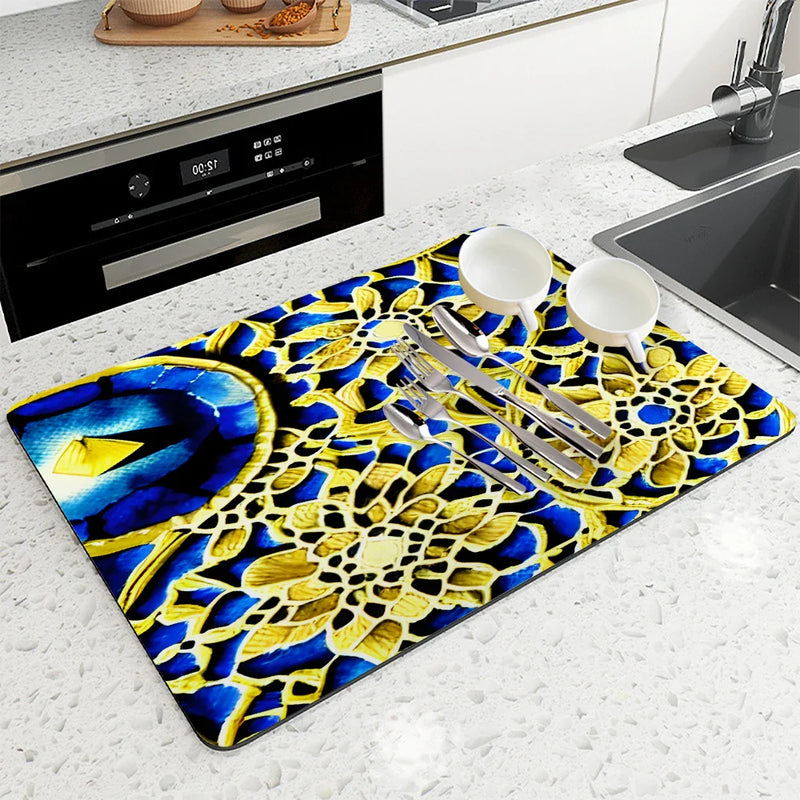 Axyaa Watercolor Kitchen Draining Mat - Large, Anti-slip, Quick Dry, Absorbent Drain Pad