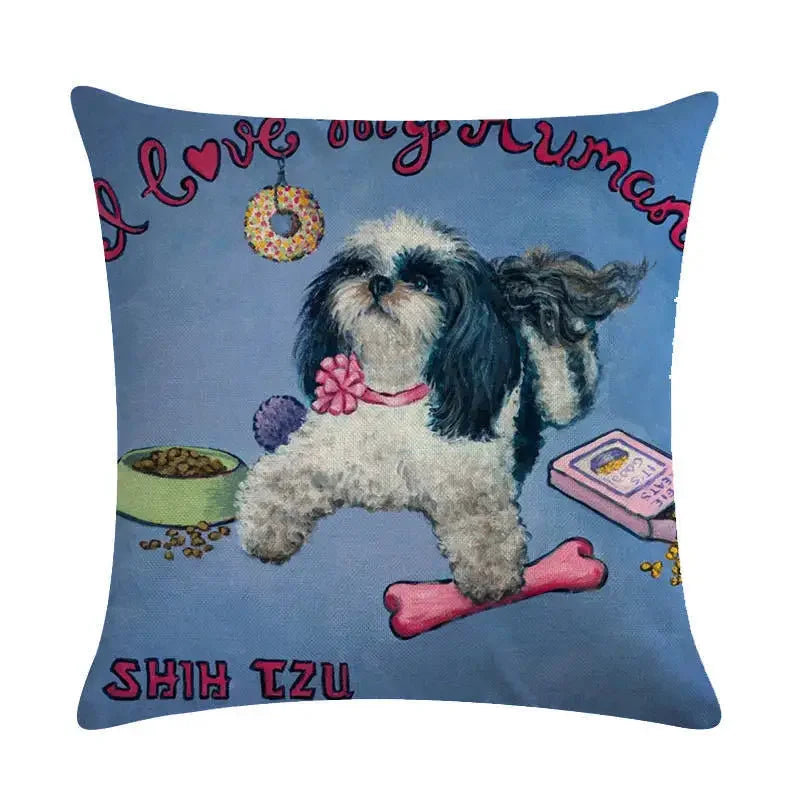 Axyaa Cartoon Dog Linen Cushion Cover for Office Furniture and Sofa Decor