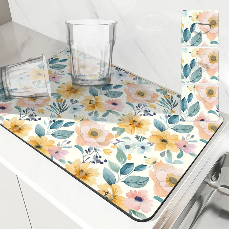 Axyaa Floral Kitchen Drying Mat - Small & Large Absorbent Drain Pad for Coffee & Bathroom