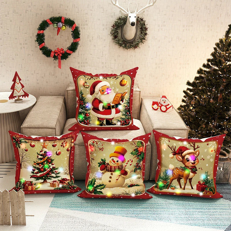 Christmas LED Luminous Pillowcase with Santa Claus Snowman Tree Design by Axyaa
