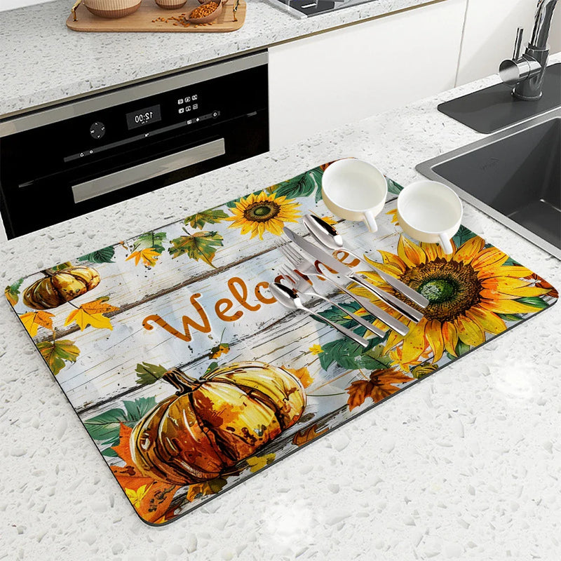 Axyaa Thanksgiving Wood Absorbent Draining Mat: Anti-Skid, Quick Dry, Dish Drying Pad