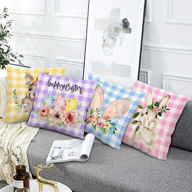 Bunny Floral Egg Print Easter Pillow Covers for Farmhouse Decor by Axyaa
