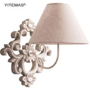 Axyaa Vintage White Wooden Wall Light With Fabric Shade Bedroom Wall Sconce