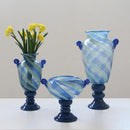 Axyaa Blue Striped Glass Vase - Tall Transparent Flower Pot for Home Decoration