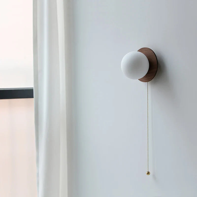 Axyaa Nordic LED Walnut Wood Glass Ball Wall Sconce with Pull Chain Switch
