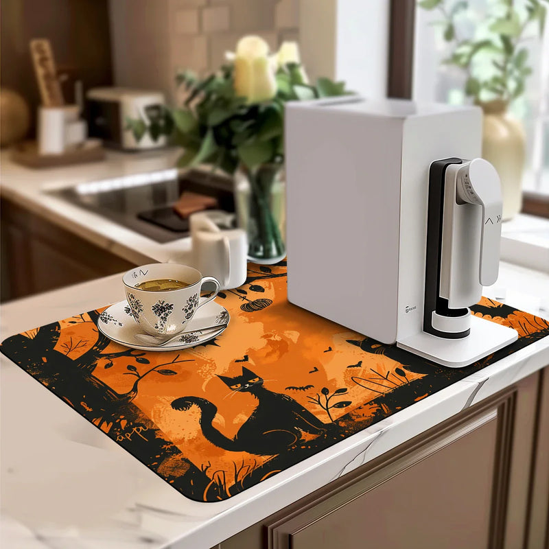 Axyaa Halloween Bat Owl Watercolor Drying Mat Black Absorbent Kitchen Mats