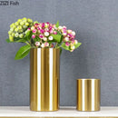 Axyaa Gold Brass Cylinder Vase Artificial Flowers Decor Desk Decoration Minimalism Metal Vases
