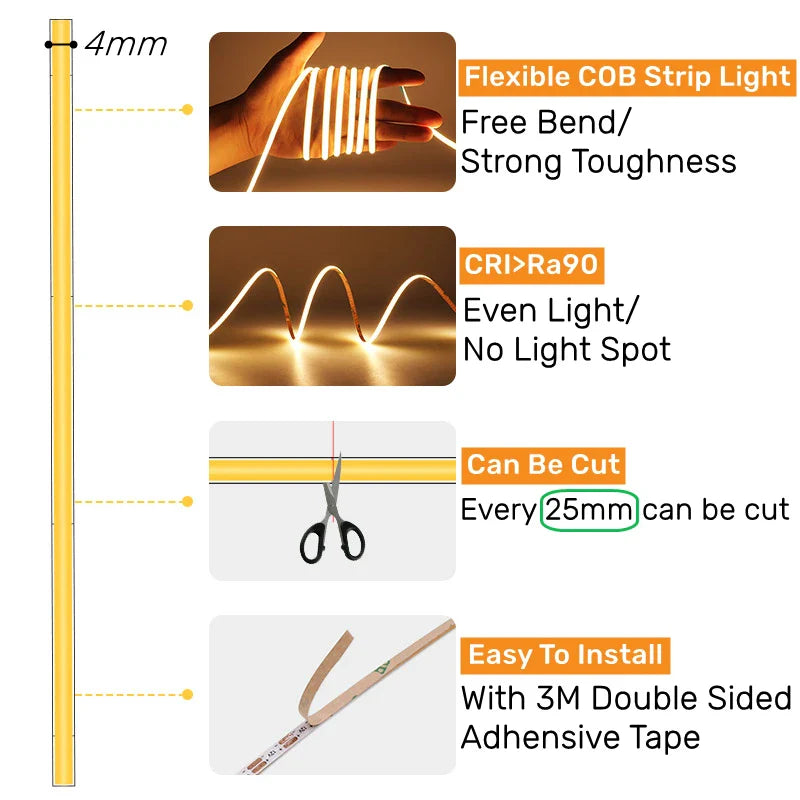 Axyaa 4mm COB LED Strip Lights 480Led/M DC12V TV Backlight Linear Tape Lighting