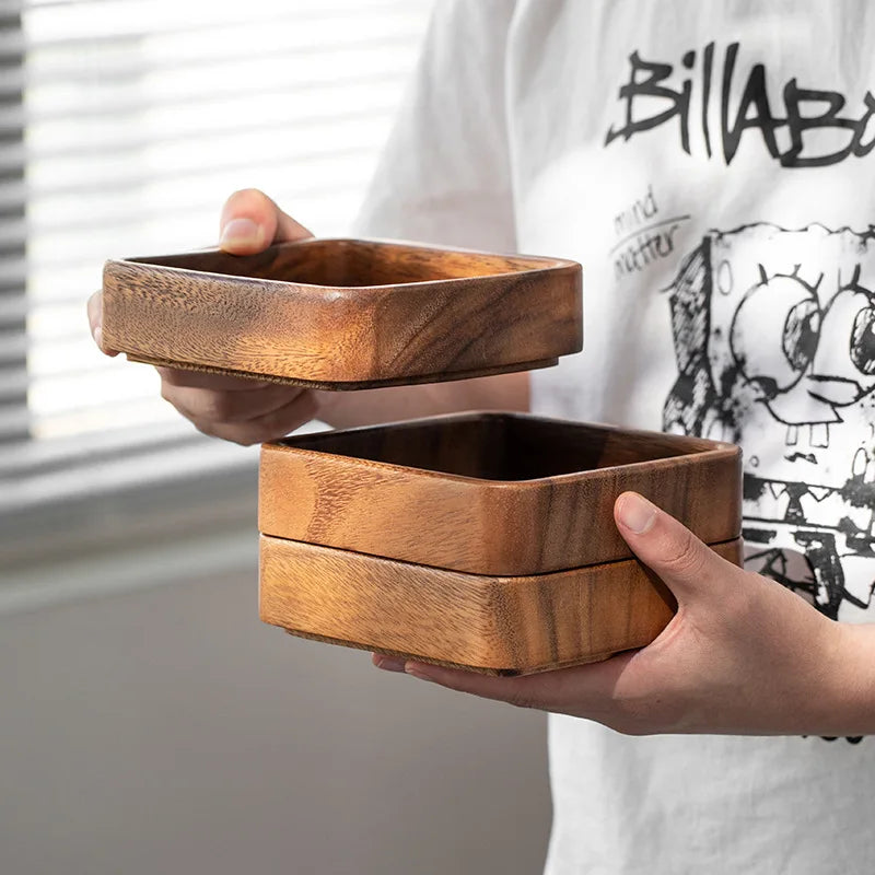 Axya Walnut Plate Square Tray Set Dishtableware Dessert Stackable Bowl