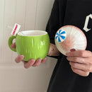 Axyaa Coconut Coffee Cup: Cute Kawaii Ceramic Mug With Lid, 130ml