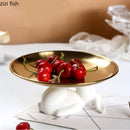 Axya Rabbit Cake Plate Ceramic Metal Jewelry Tray Snack Dessert Refreshment Tray