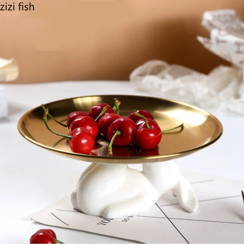 Axya Rabbit Cake Plate Ceramic Metal Jewelry Tray Snack Dessert Refreshment Tray