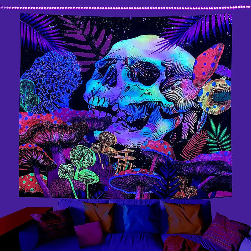 Axyaa Psychedelic Skull Head UV Reactive Tapestry Wall Hanging