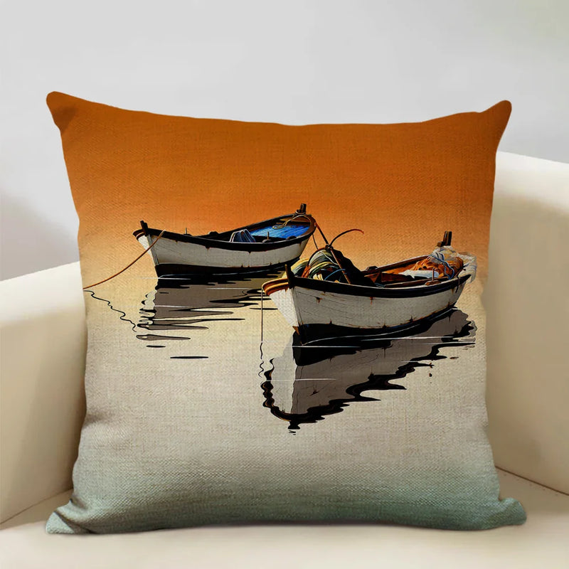 Axyaa Boat Pattern Linen Cushion Cover for Home Sofa Decor