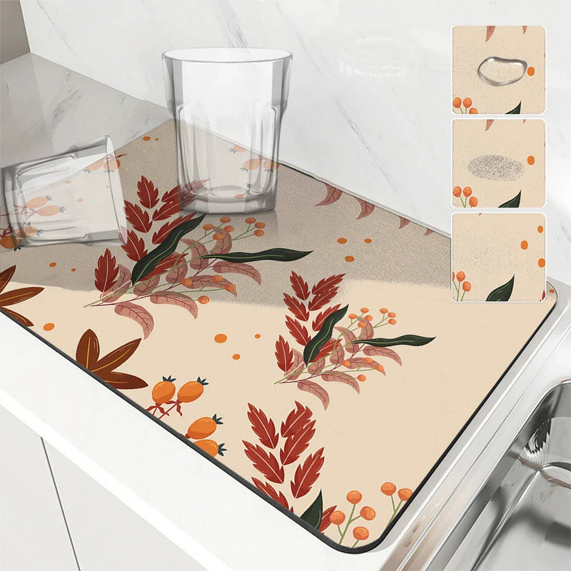 Autumn Harvest Maple Leaves Kitchen Drying Mat by Axyaa