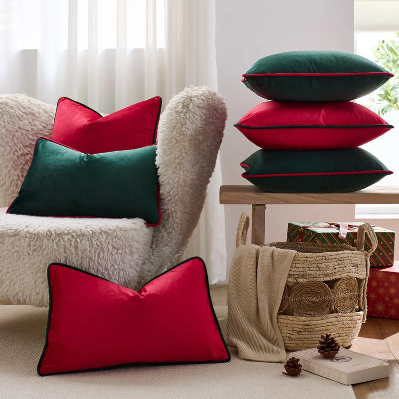Axyaa Christmas Red Green Velvet Cushion Cover with Contract Piping - 45x45cm