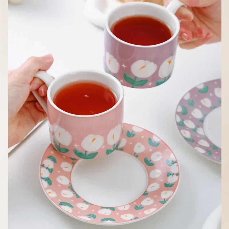 Axyaa Tulip Pattern Ceramic Cup and Saucer Set - Ideal for Tea, Coffee, and Desserts