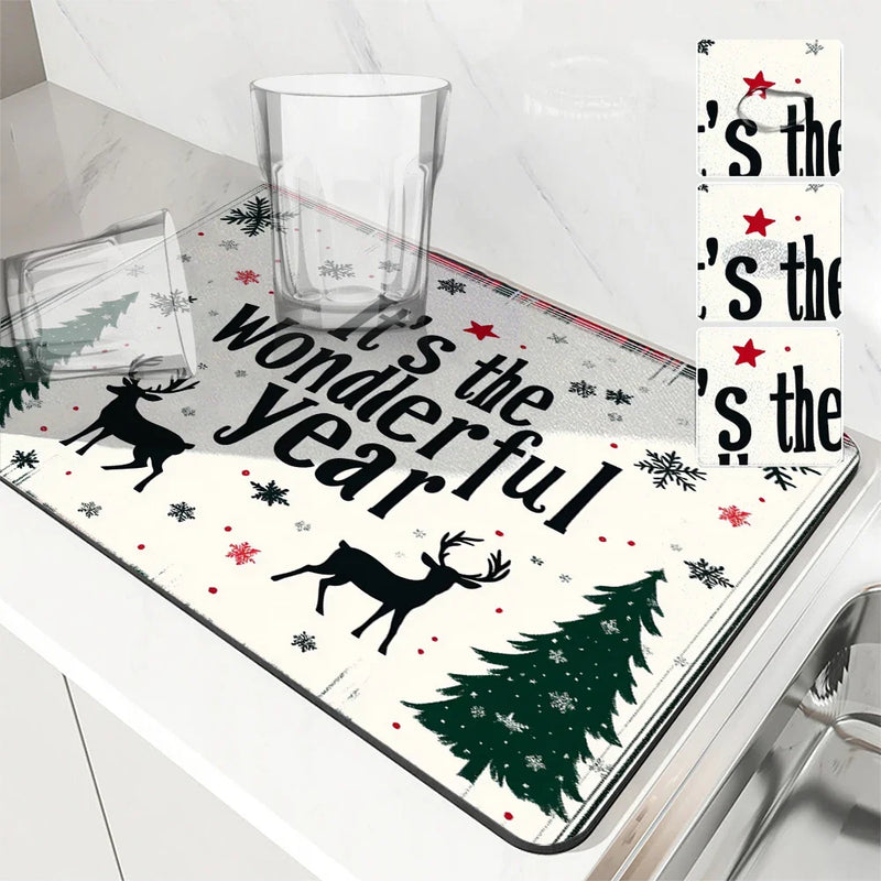 Axyaa Christmas Tree Deer Absorbent Dish Drying Mat