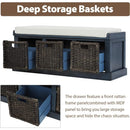 Rustic Shoe Bench with 3 Baskets, Cushion, and Cabinet by Axyaa