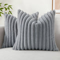 Axyaa 16x16 Faux Fur Striped Pillow Covers 2pcs - Soft Plush Velvet Back