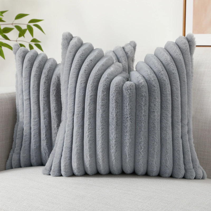 Axyaa 16x16 Faux Fur Striped Pillow Covers 2pcs - Soft Plush Velvet Back