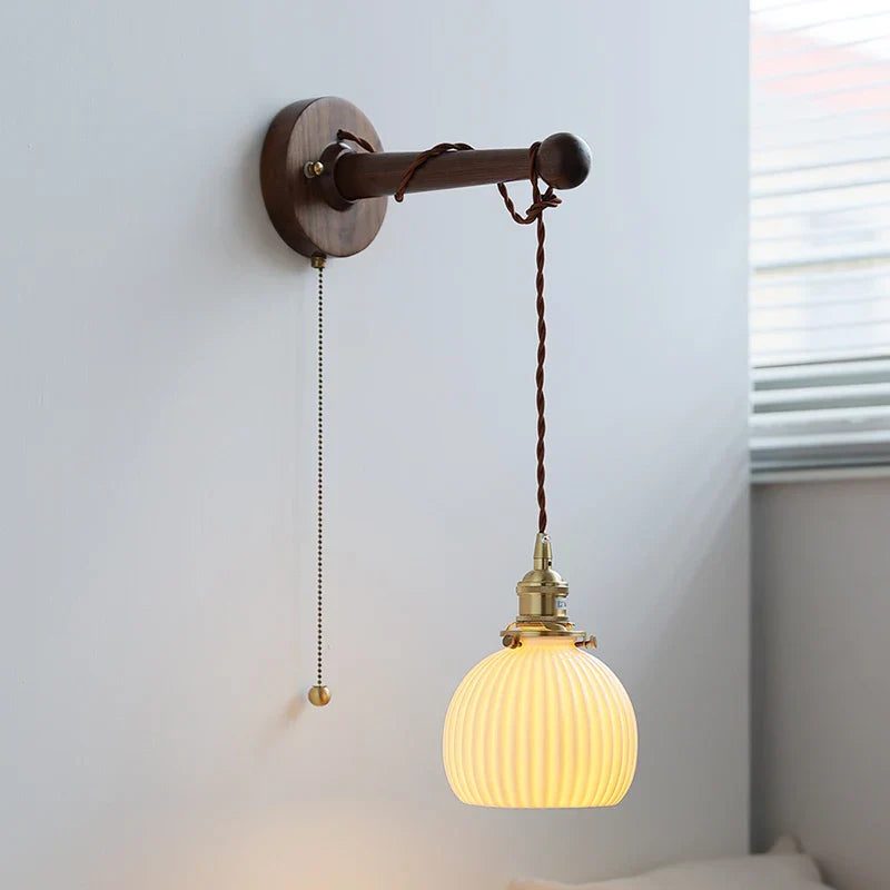 Axyaa Round Ceramic E27 Wall Lamp with Pull Chain Switch and Warm LED Light