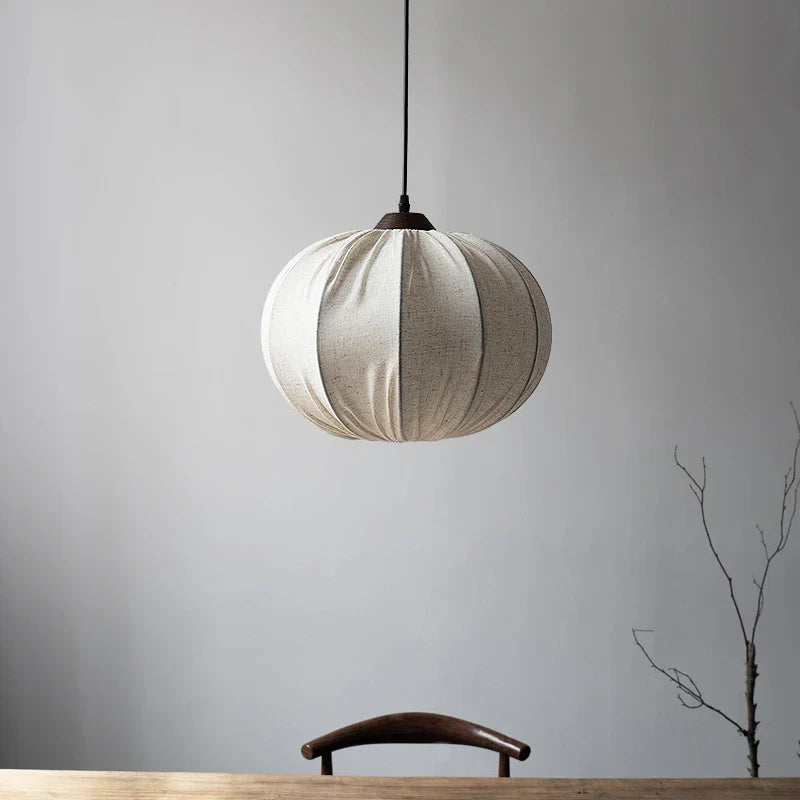 Axyaa Wabi-sabi Fabric Pumpkin Chandelier, Solid Wood Dining Room Tea Room Pendant Lamp