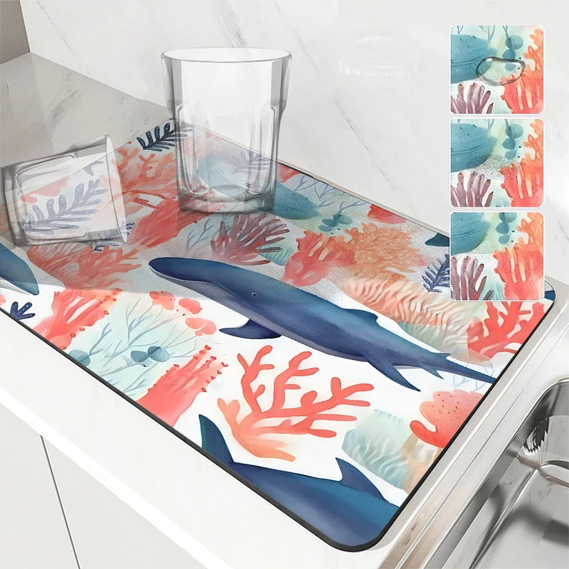 Axyaa Marine Whales Desk Drain Pad, Heat Resistant Non-slip Kitchen Drying Mat