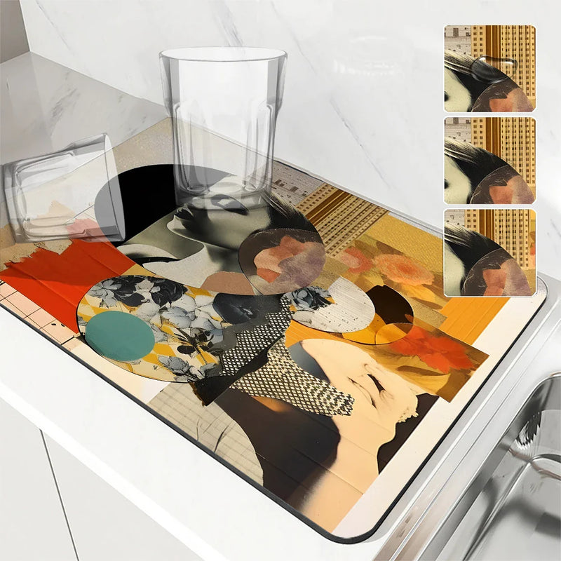 Axyaa Geometric Flower Coffee Cup Drying Mat, Non-slip & Absorbent Kitchen Counter Mat