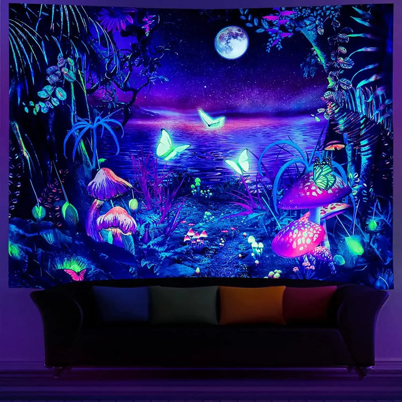 Axyaa Psychedelic UV Wall Tapestry: Skull Mushroom Witchcraft Art - Beautiful Decor