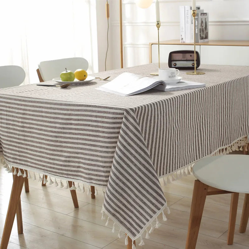 Axya Striped Cotton Linen Tablecloth with Tassels - Quality Dining Table Cover