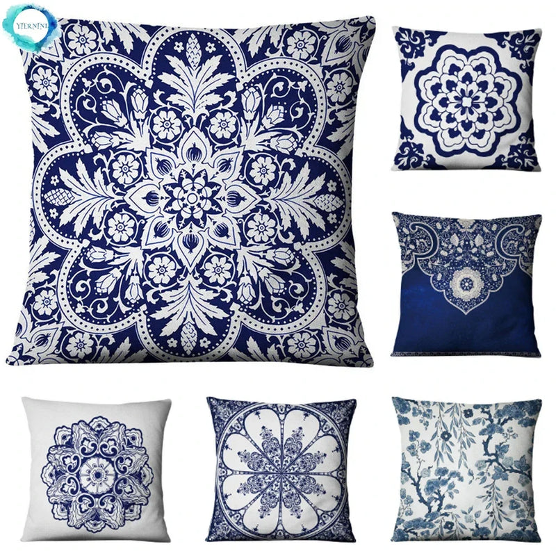 Axyaa Chinese Mandala Linen Cushion Cover for Home Decor