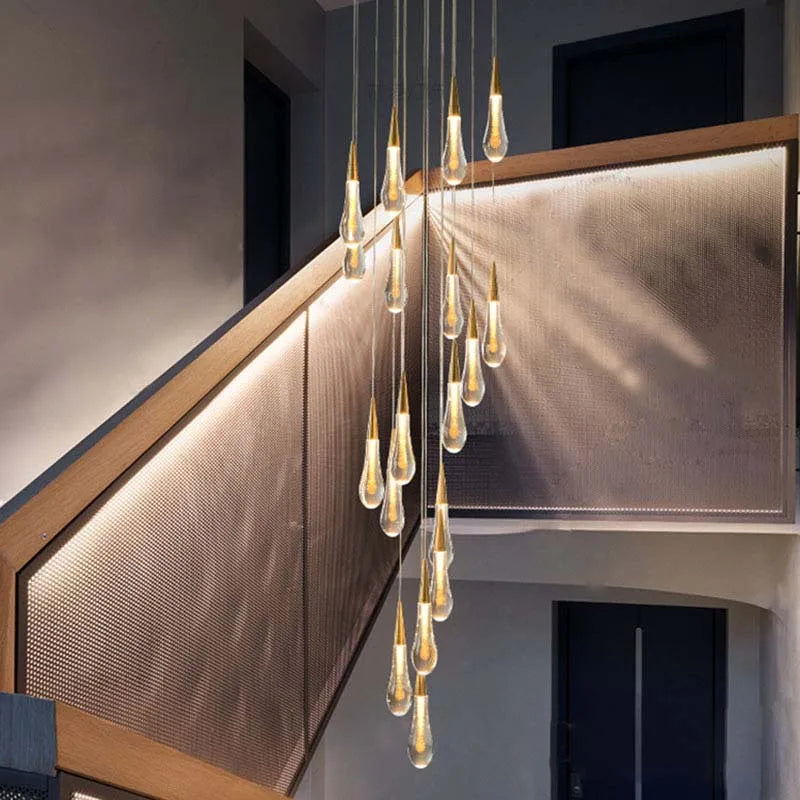 Gold Crystal Tear Drop Chandelier for Villa Staircases, LED Pendant Light by Axyaa