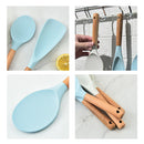 Axyaa Vertical Wooden Handle Silicone Kitchen Utensils Set - Non Stick Cooking Shovels Spoons
