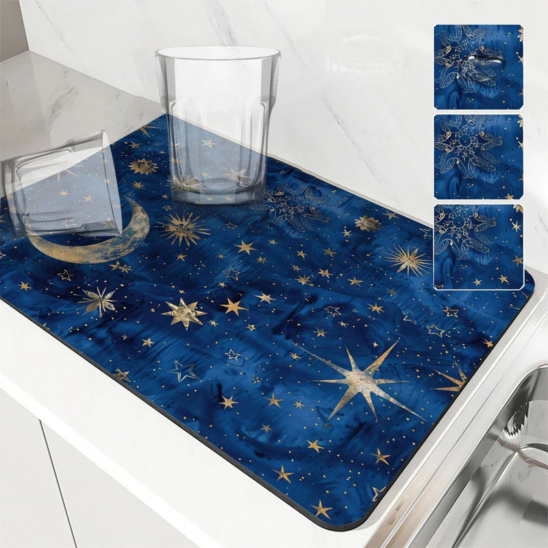 Axyaa Diatom Kitchen Drain Pads: Absorbent, Stars and Moons, Coffee Machine Mat