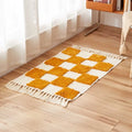 Axyaa Nordic Cotton Linen Tassel Rug - Handmade Checkerboard Tufted Mat for Living Room