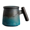 Axyaa Ceramic Tea Mug with Strainer, Lid & Wooden Handle - Unique Gift for Dad