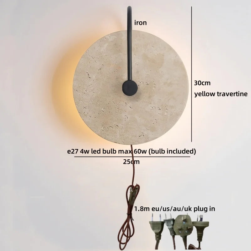 Axyaa Round Yellow Travertine Wall Light - Wabi Sabi Interior Bedside Lamp