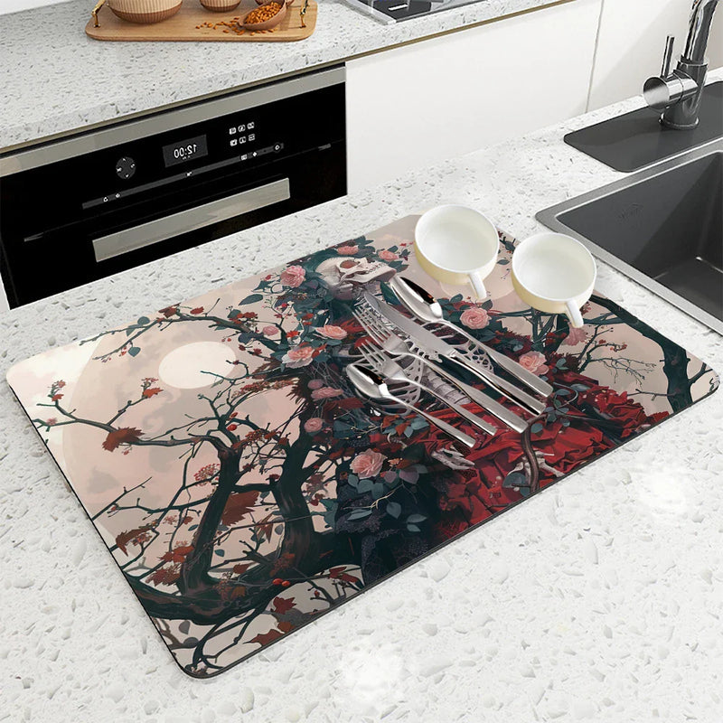 Axyaa Kitchen Drying Mat: Absorbent Plant Moon Coffee Mat, Anti-Slip Table Placemat