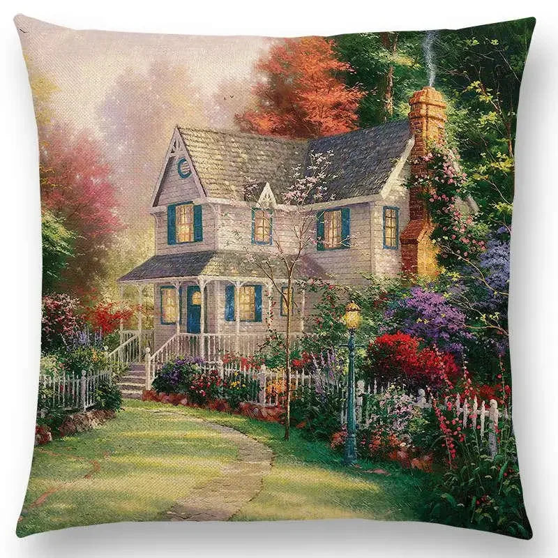 Axyaa Castle Lighthouse Scenery Painting Cushion Cover - Sofa Pillowcase