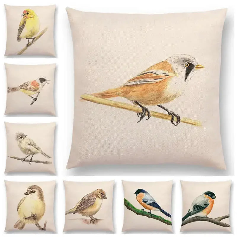 Birds Painting Cushion Cover - Axyaa Collection: Robin, Titmouse, Toucan, Sparrow, Firecrest, Cardinal, Bullfinch
