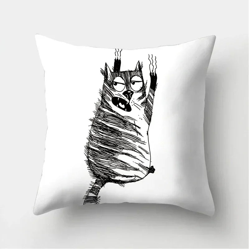 Axyaa Black & White Cat Pattern Cushion Cover for Living Room, Bedroom & Sofa