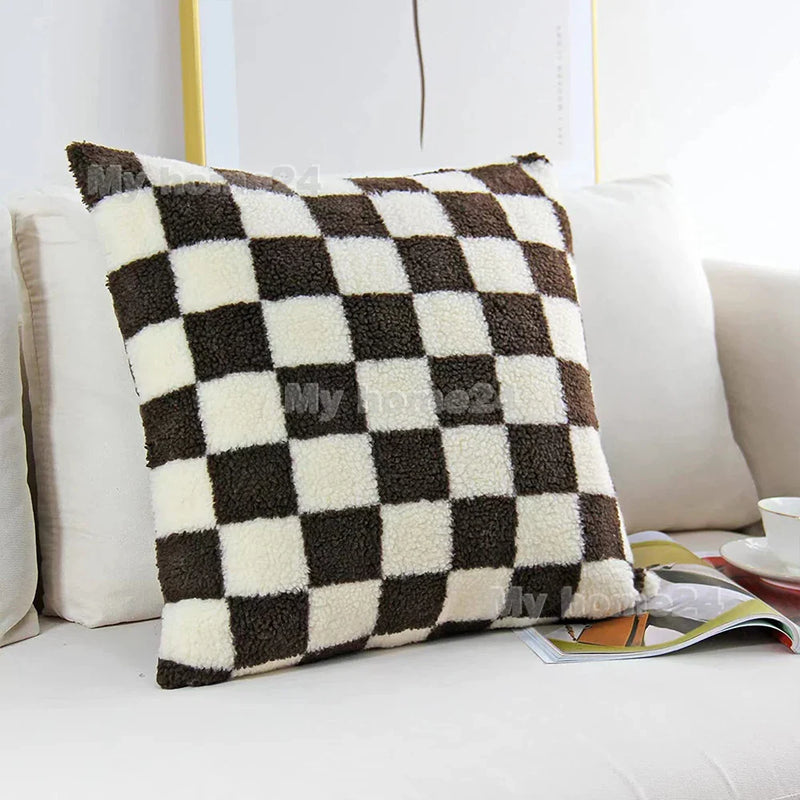 Axyaa Checkerboard Plaid Knit Plush Pillow Cover for Car Sofa, 45*45cm, 50*50cm