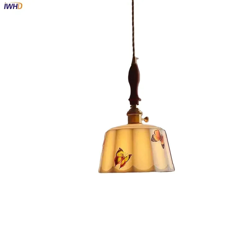Axyaa White Ceramic Pendant Light Retro Wood Copper LED Hanging Lamp