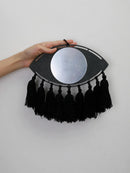Black Evil Eye Macrame Mirror with Tassels by Axyaa - Handmade Boho Home Decor